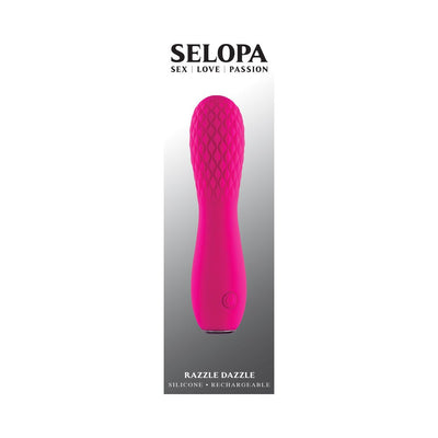Pink silicone rechargeable vibe with textured quilted tip and smooth handle, Selopa Razzle Dazzle design.