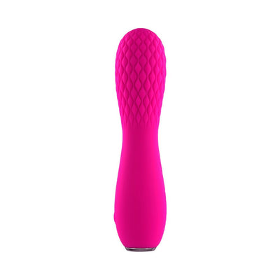 Pink silicone rechargeable vibe with quilted textured head and smooth handle, standing upright on white background.