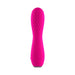 Pink silicone rechargeable vibe with quilted textured head and smooth handle, standing upright on white background.