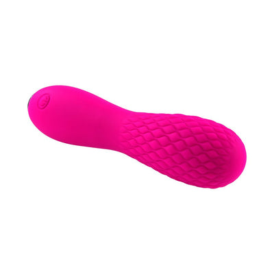 Pink silicone rechargeable vibe with quilted textured shaft and rounded tip, compact and waterproof design.
