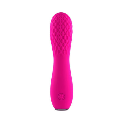Pink silicone rechargeable mini vibrator with textured quilted pattern and power button on handle