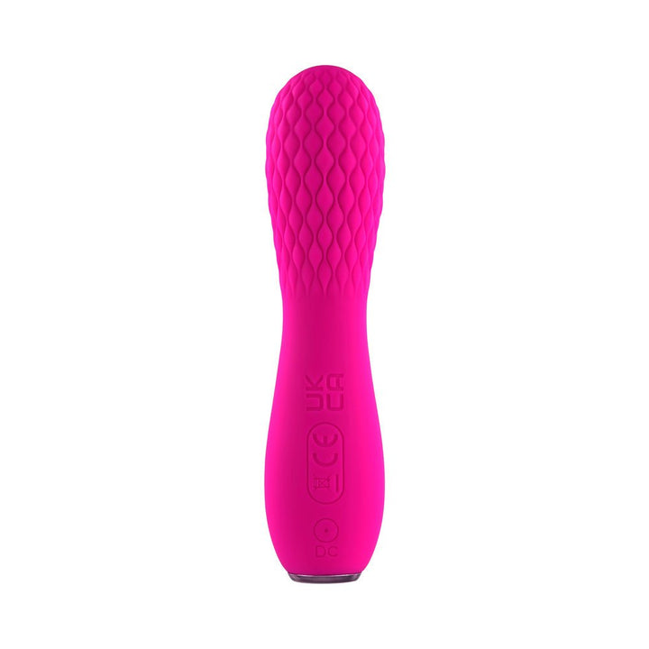 Pink silicone rechargeable mini vibrator with textured quilted pattern and rounded tip.