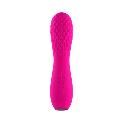 Pink silicone rechargeable mini vibrator with textured quilted pattern and rounded tip.