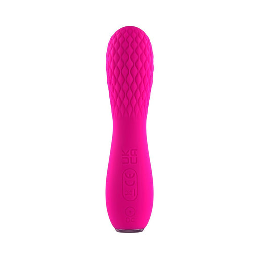 Pink silicone rechargeable mini vibrator with textured quilted pattern and rounded tip.
