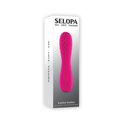 Pink Selopa Razzle Dazzle rechargeable silicone vibe with quilted texture displayed on white packaging box.