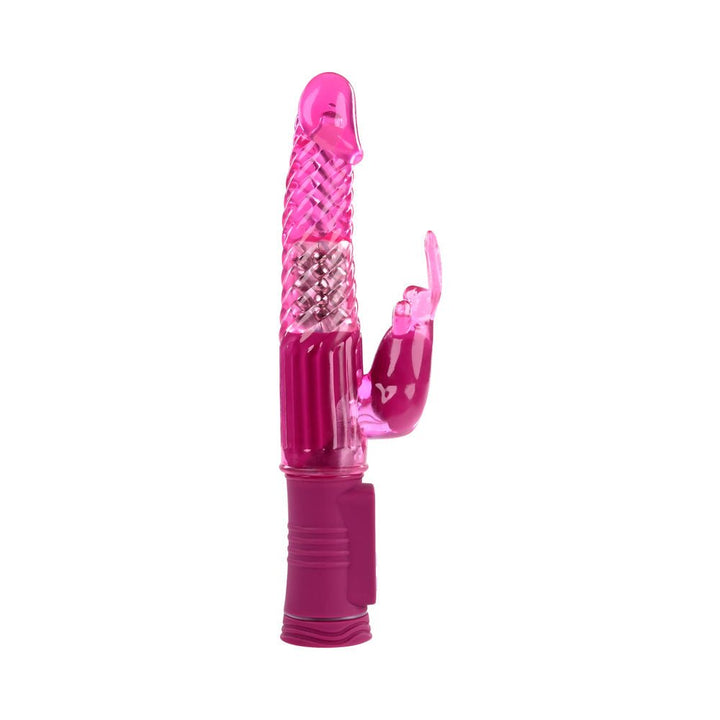 Pink rechargeable rabbit vibrator with textured shaft and flexible clitoral stimulator on white background.