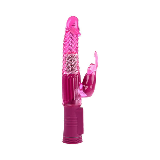 Pink rechargeable rabbit vibrator with textured shaft and flexible clitoral stimulator on white background.