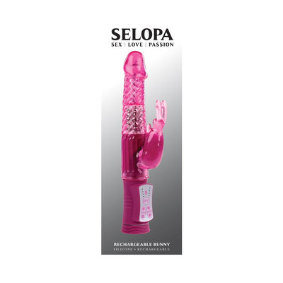 Pink rechargeable silicone rabbit vibrator with rotating beads and flexible bunny ears, featuring a digital control panel.