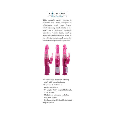 Three views of a pink rechargeable rabbit vibrator with rotating beads and flexible bunny ears, shown with control panel and product details.