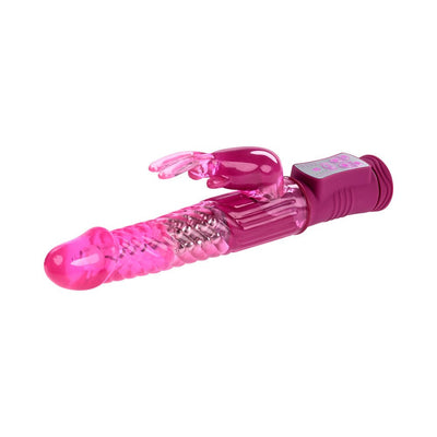 Pink rechargeable rabbit vibrator with rotating beads and flexible bunny ears, featuring multiple speeds and patterns.