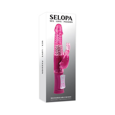Pink rechargeable rabbit vibrator with rotating beads and flexible bunny ears, shown with packaging box.