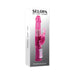 Pink rechargeable rabbit vibrator with rotating beads and flexible bunny ears, shown with packaging box.