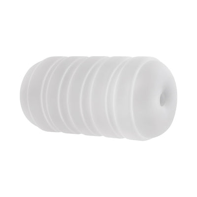 Clear ribbed cylindrical stroker made of soft, flexible TPE with a discreet circular opening.