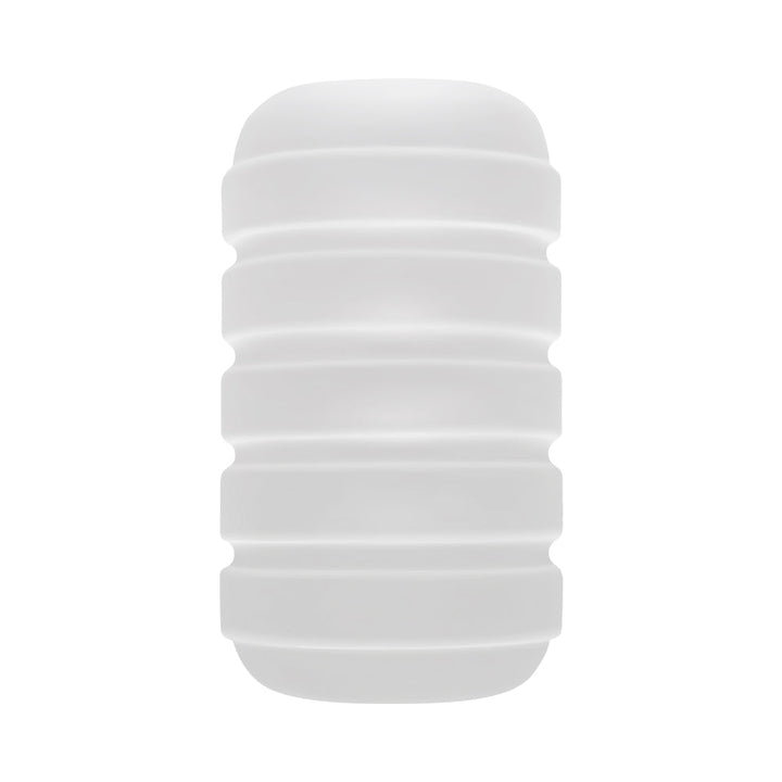 Clear textured stroker with deep outer grooves for a firm grip, made from soft, waterproof TPE material.