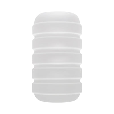 Clear textured stroker with deep outer grooves for a firm grip, made from soft, waterproof TPE material.