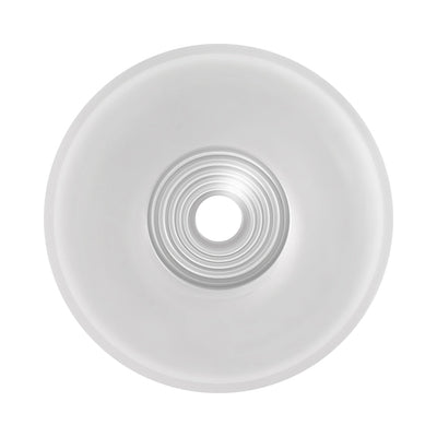 Top view of clear Selopa Ring Me Up stroker showing concentric circular grooves and central opening design.