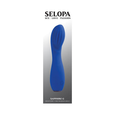 Blue silicone rechargeable G-spot vibrator with curved, textured head and power button on handle.