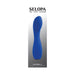 Blue silicone rechargeable G-spot vibrator with curved, textured head and power button on handle.