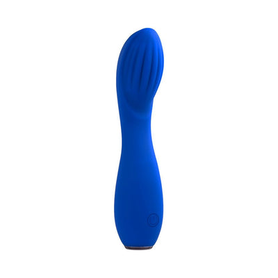 Blue silicone rechargeable G-spot vibrator with curved, textured head and power button on handle.