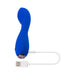 Blue silicone rechargeable G-spot vibrator with curved shape and USB charging cable on white background.