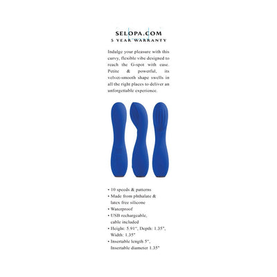 Blue Selopa Sapphire G-spot vibrator shown from three angles with product features and dimensions text.