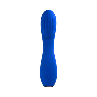 Blue silicone rechargeable G-spot vibrator with textured head and power button on handle.