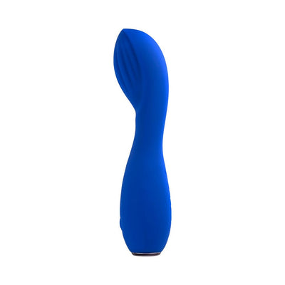 Blue silicone rechargeable G-spot vibrator with curved, textured tip and smooth ergonomic handle.