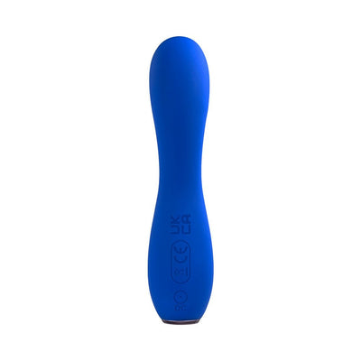 Blue silicone rechargeable G-spot vibrator with a curved, smooth design and tapered tip.