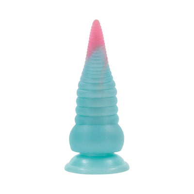 Multicolor silicone vibrating dildo with ridged, tapered design and suction cup base for hands-free use.