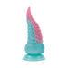 Multicolor silicone vibrating dildo shaped like a flexible tentacle with suction cup base.