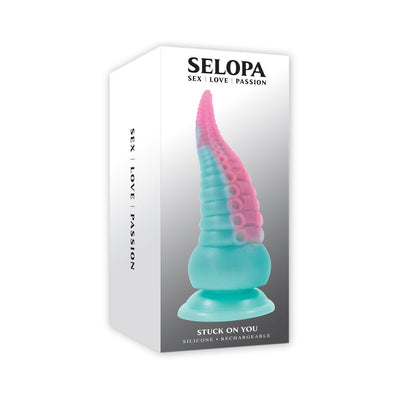 Selopa Stuck On You multicolor silicone vibrating dildo with suction base shown on product packaging box.