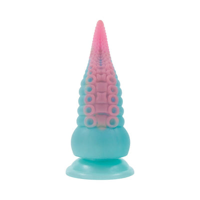 Multicolor silicone vibrating dildo with tentacle texture and suction cup base for hands-free use.