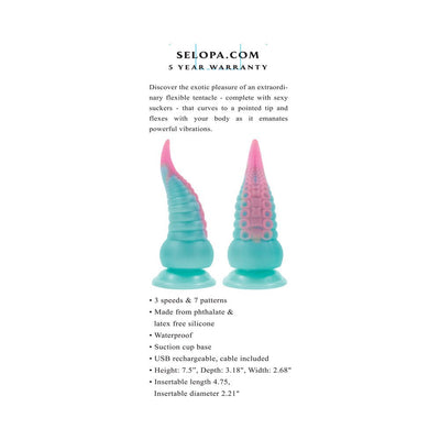 Multicolor silicone vibrating tentacle dildo with suction cup base shown from side and front views.