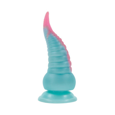 Multicolor silicone vibrating tentacle dildo with suction cup base, featuring a curved, textured design.