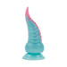 Multicolor silicone vibrating tentacle dildo with suction cup base, featuring a curved, textured design.
