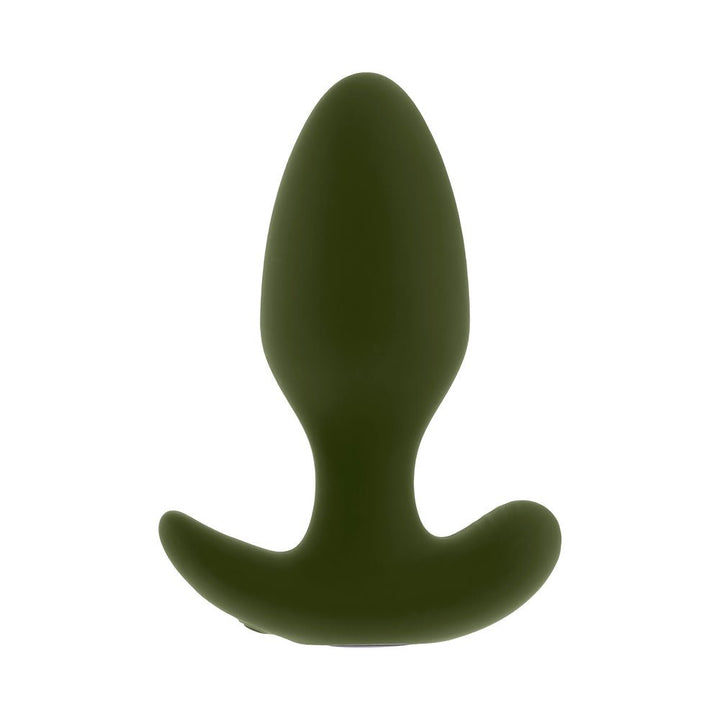Green silicone vibrating plug with a tapered tip and wide safety base, designed for comfortable use.