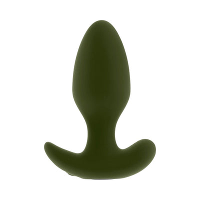 Green silicone vibrating plug with a tapered tip and wide safety base, designed for comfortable use.