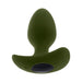 Green silicone vibrating plug with bulbous shape and wide safety base featuring control buttons and a smooth tapered tip.