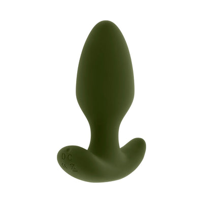 Green silicone vibrating plug with tapered tip and wide safety base, designed for comfortable and controlled use.