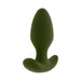 Green silicone vibrating plug with tapered tip and wide safety base, designed for comfortable and controlled use.