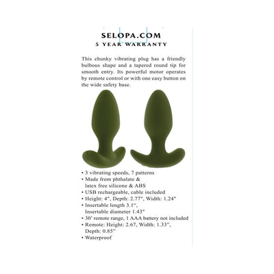 Green silicone vibrating plug with tapered tip and wide safety base shown with remote control, product details and features listed.