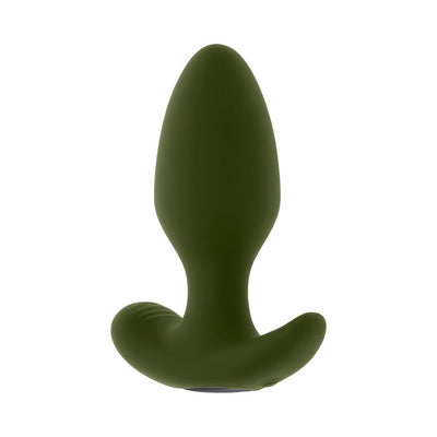 Chunky olive green silicone vibrating plug with tapered tip and wide safety base, designed for smooth and comfortable use.