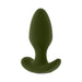 Chunky olive green silicone vibrating plug with tapered tip and wide safety base, designed for smooth and comfortable use.