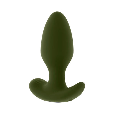Green silicone vibrating plug with bulbous shape and wide safety base, designed for smooth and comfortable use.