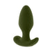 Green silicone vibrating plug with bulbous shape and wide safety base, designed for smooth and comfortable use.