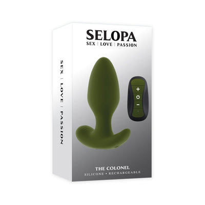 Packaging box of Selopa The Colonel Green silicone vibrating plug with remote control shown on front.