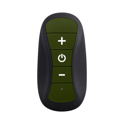 Remote control for Selopa The Colonel Green vibrating plug with plus, power, and minus buttons on an olive green panel.