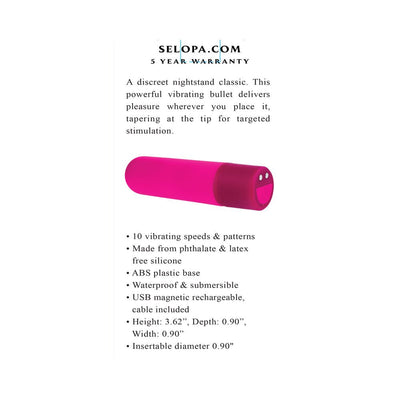 Pink rechargeable silicone bullet vibrator with 10 vibration modes, waterproof and USB magnetic charging.