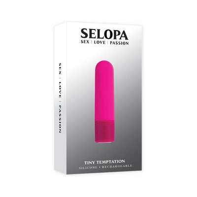 Selopa Tiny Temptation rechargeable pink silicone bullet vibrator in sleek packaging with sex love passion branding.