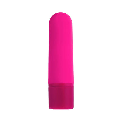 Pink rechargeable silicone bullet vibrator with smooth tapered tip and compact design.